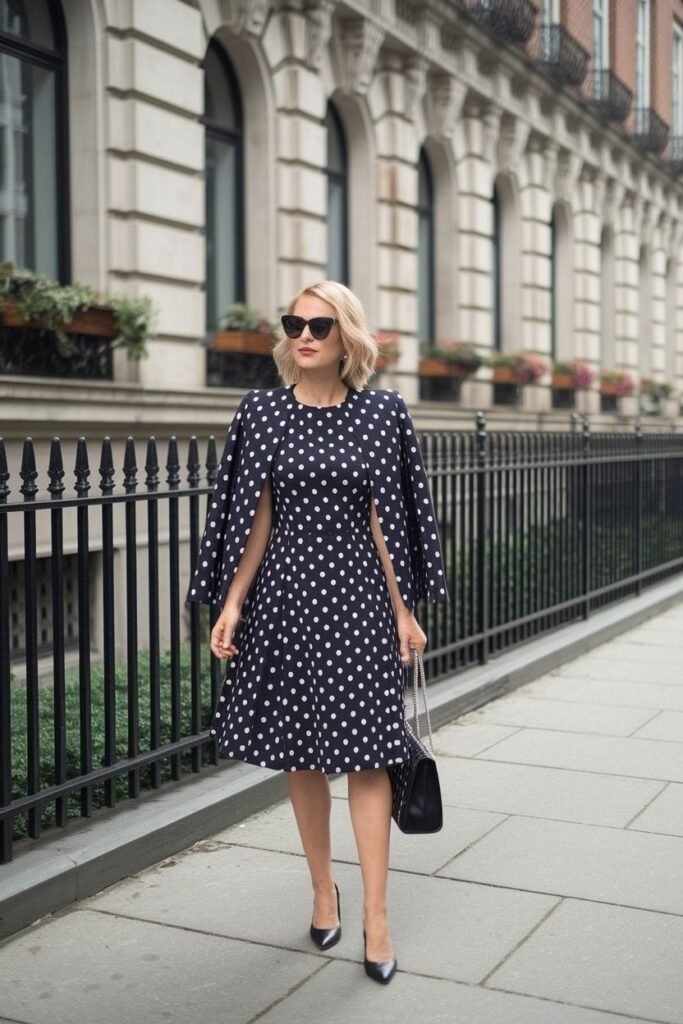 Polka Dot Midi Dress + Matching Polka Dot Cape Blazer + Black Leather Tote