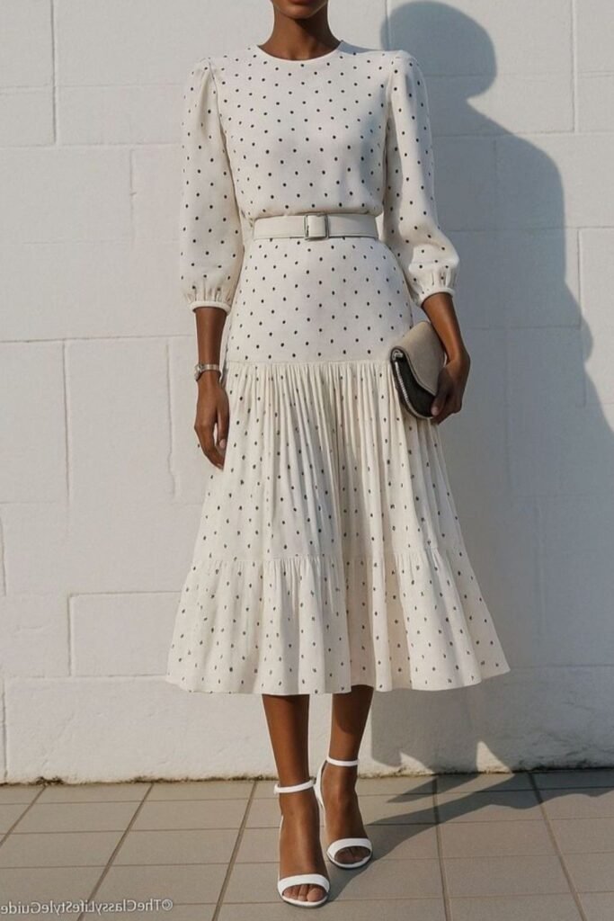 Polka Dot Midi Dress + White Belt + White Strappy Sandals