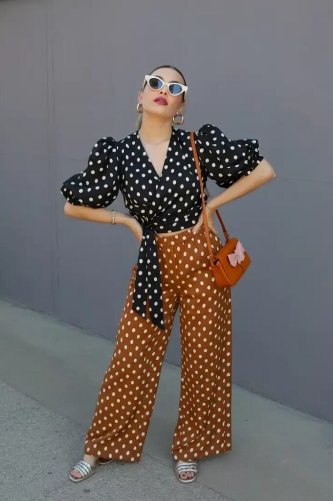Polka Dot Puff Sleeve Wrap Top + Tan Polka Dot Wide Leg Pants + Orange Crossbody Bag + Silver Sandals
