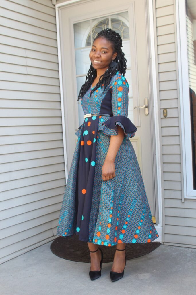 Printed Dot Pattern Dress + Black Belt + Black Pointed Heels