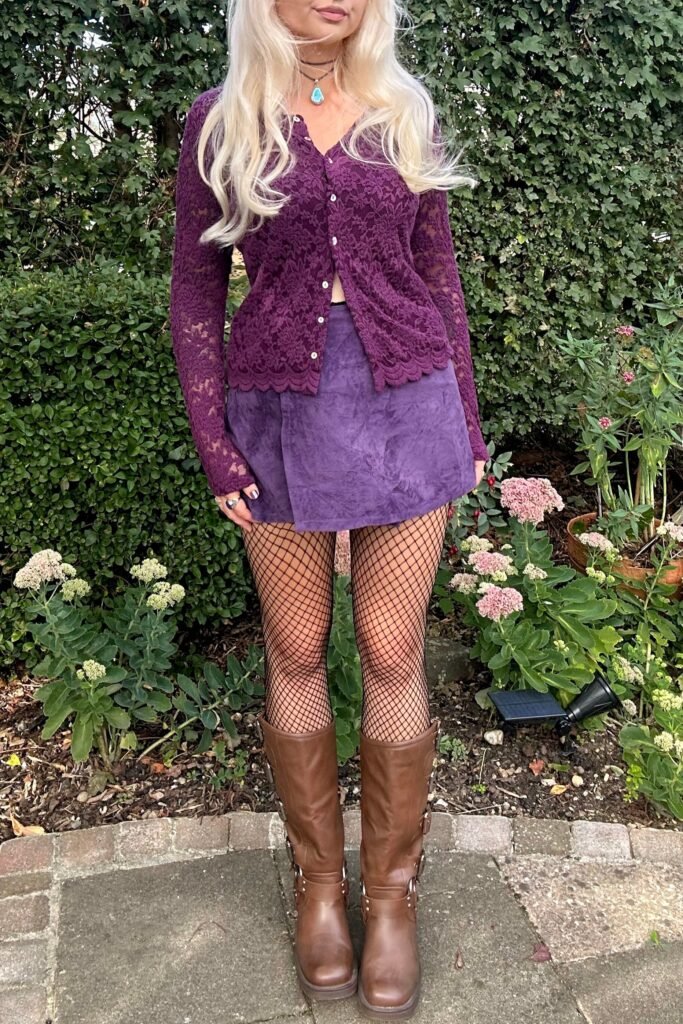 Purple Lace Cardigan + Suede Mini Skirt + Fishnet Tights + Brown Buckled Boots