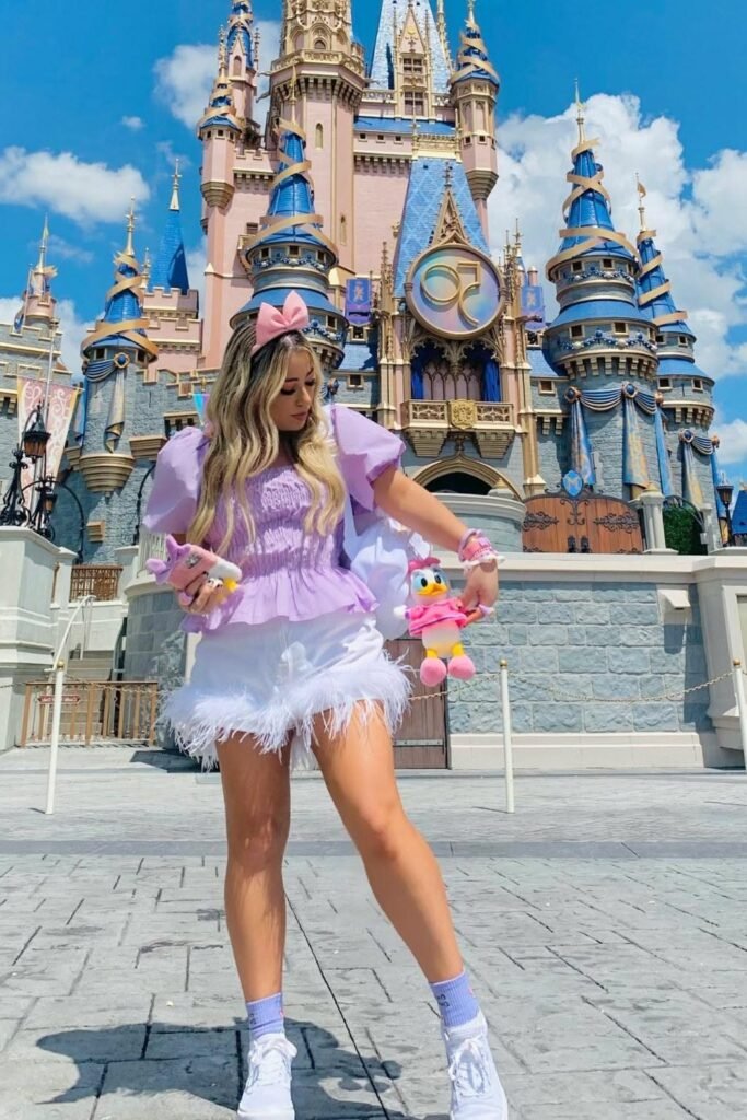 Purple Puff Sleeve Top + White Feather Trimmed Shorts + White Sneakers