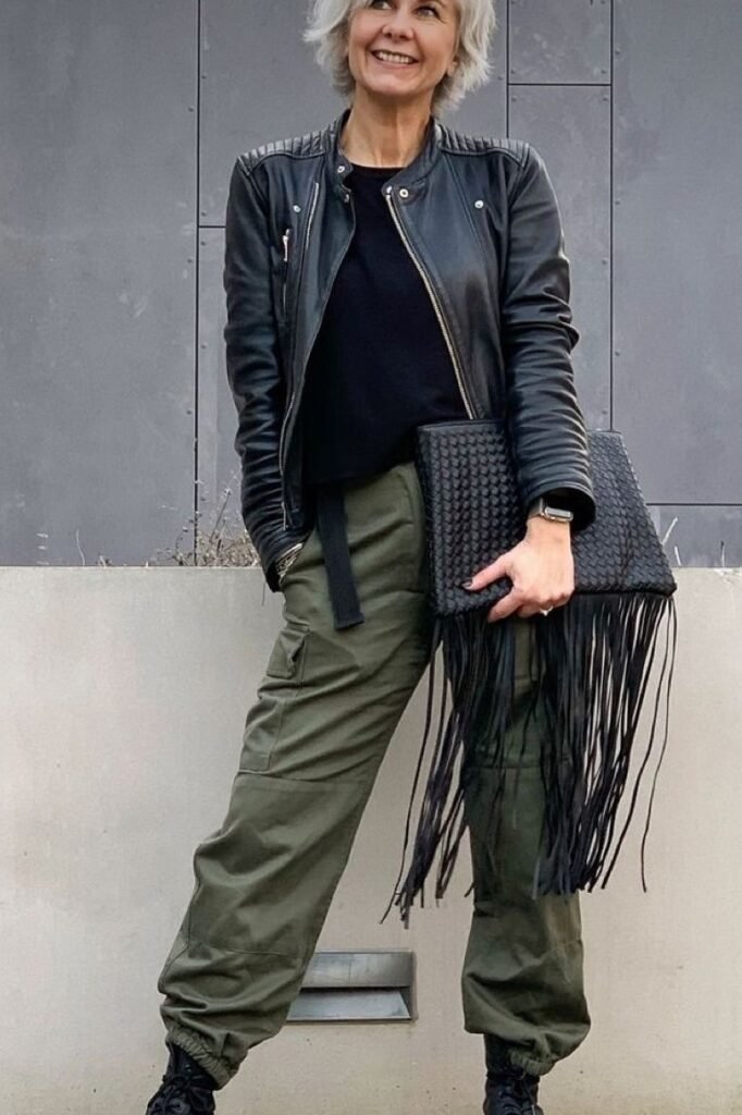 Quilted Leather Jacket + Black Top + Olive Cargo Pants + Black Fringed Bag