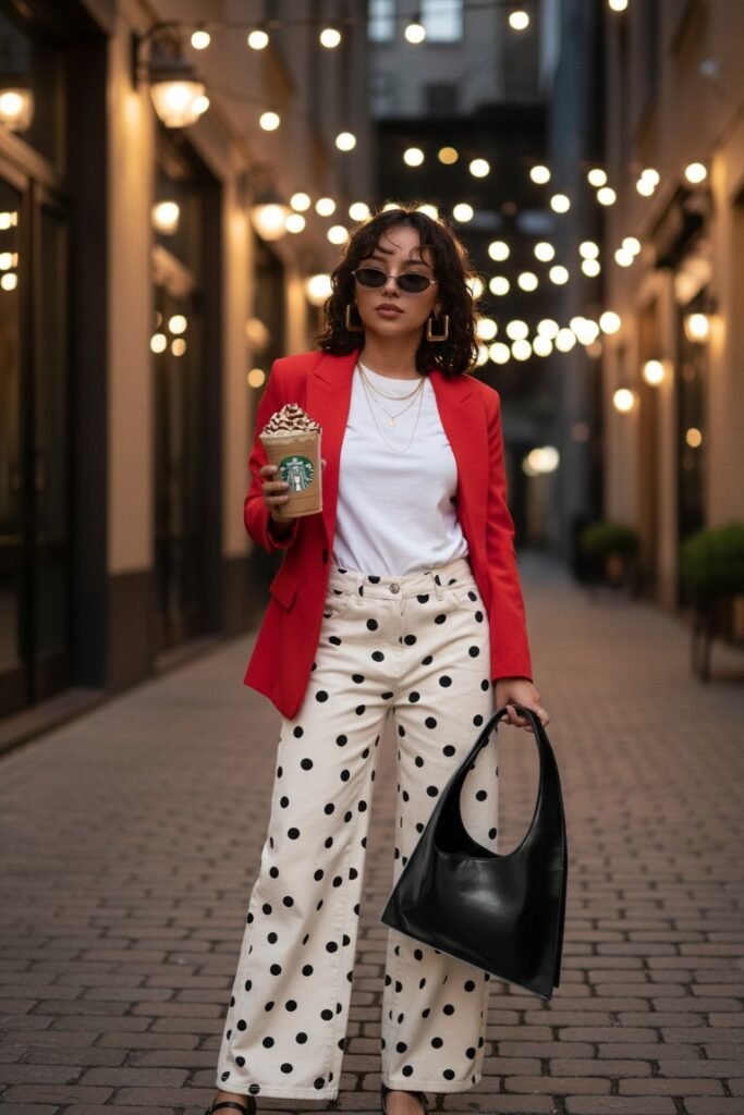 Red Blazer + White T Shirt + White Polka Dot Wide Leg Jeans + Black Crescent Bag