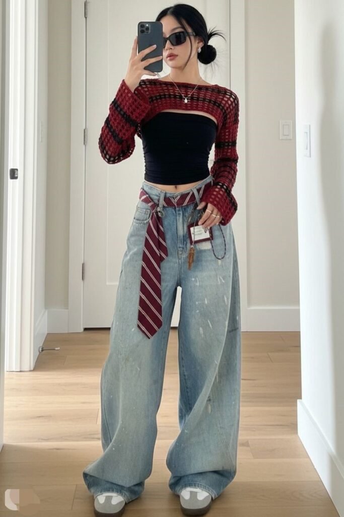 Red Checkered Bolero Sweater + Black Strapless Top + Light Wash Wide Leg Jeans + Striped Tie Belt + White Sneakers