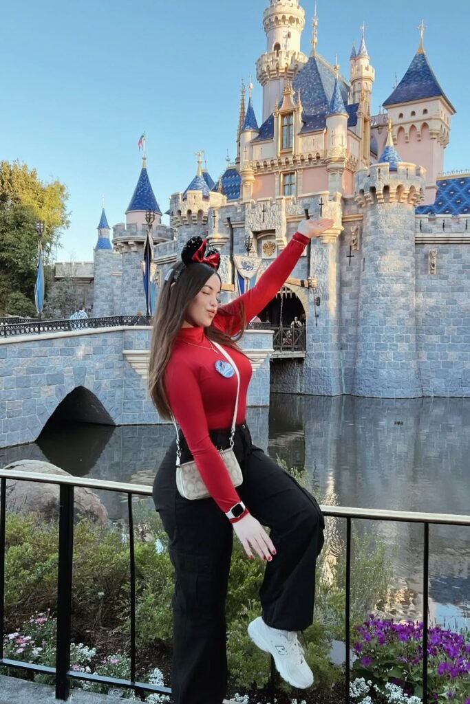 Red Long Sleeve Mock Neck Top + Black Wide Leg Cargo Pants + White Athletic Sneakers