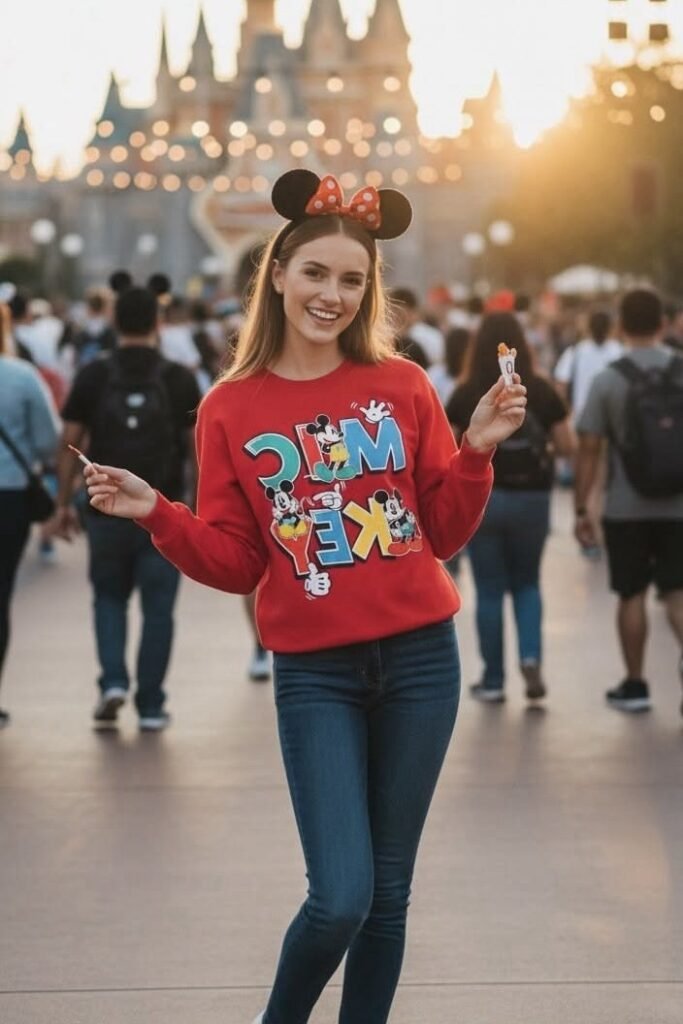 Red Mickey Mouse Sweatshirt + Dark Blue Skinny Jeans + White Sneakers