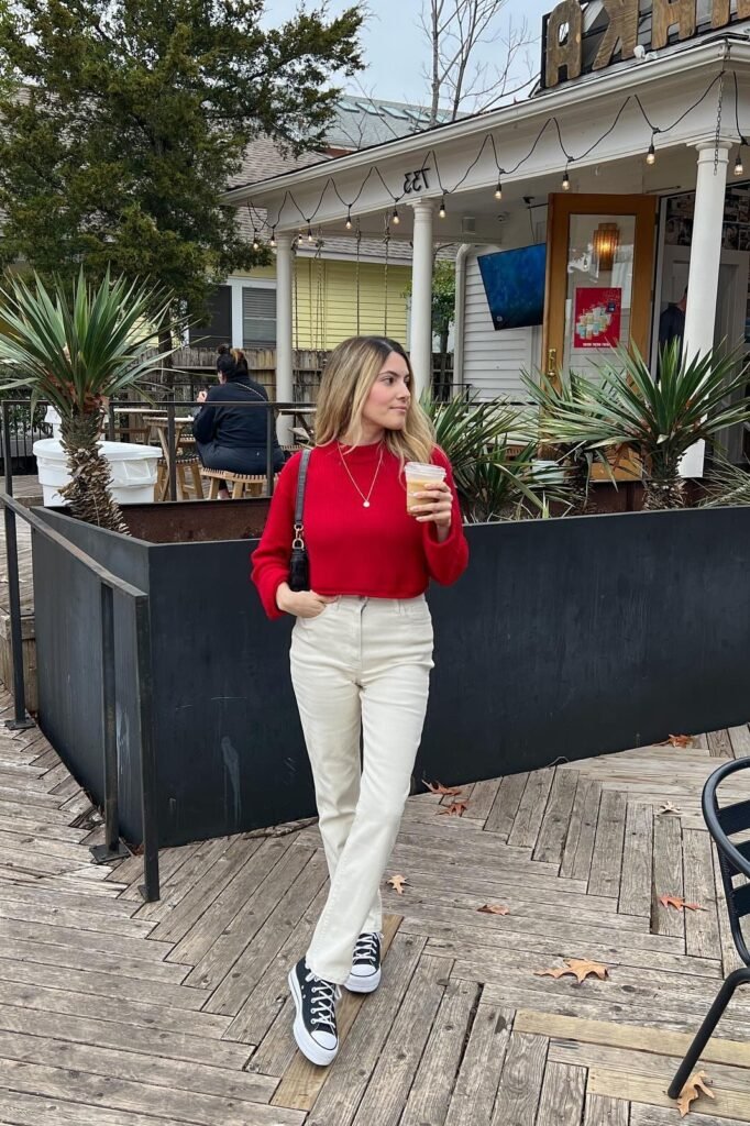 Red Mock Neck Sweater + Off White Straight Leg Jeans + Black Platform Sneakers