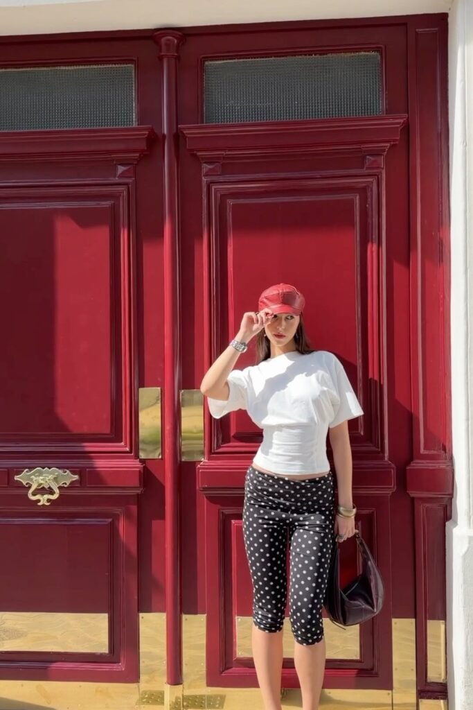 Red Newsboy Cap + White Cinched Short Sleeve T Shirt + Black Polka Dot Capri Pants + Dark Brown Hobo Bag