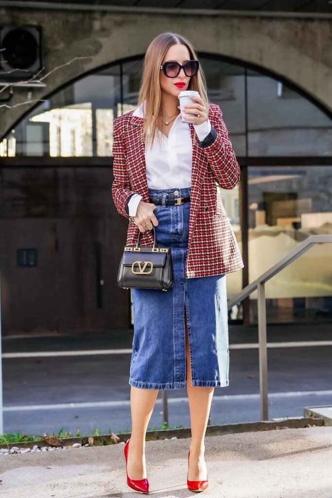 Red Plaid Blazer + White Button Up Shirt + Denim Midi Skirt + Black Belt + Red Patent Leather Pumps