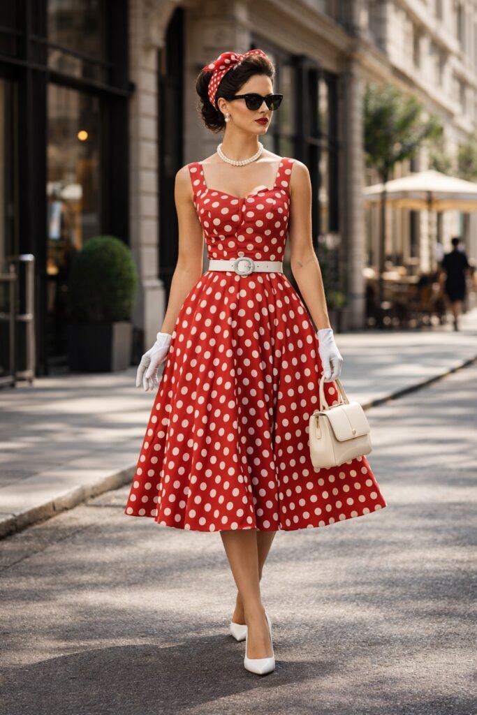 Red Polka Dot Retro Dress + White Pointed Heels + White Top Handle Bag