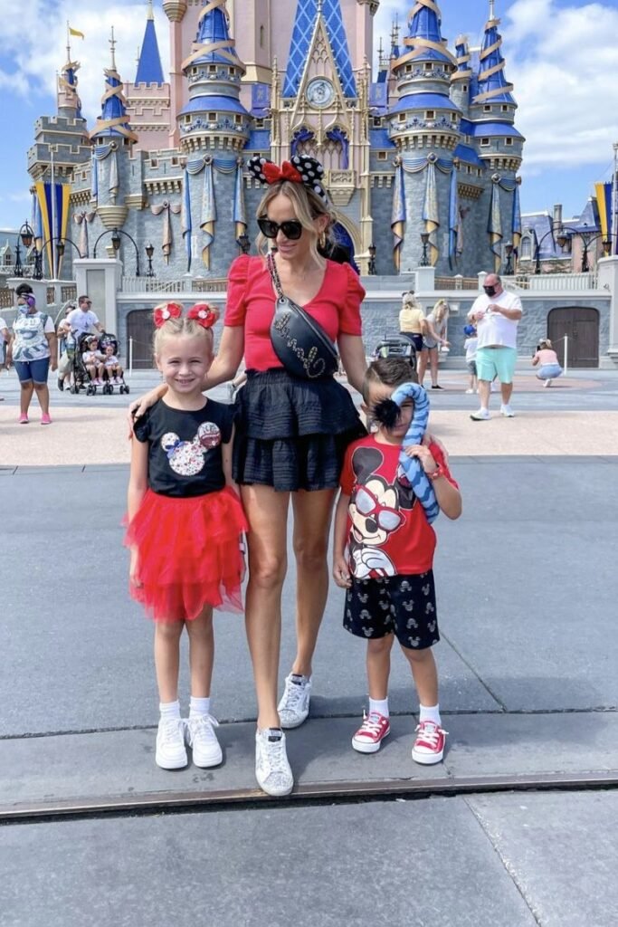 Red Puff Sleeve Top + Black Ruffled Mini Skirt + Glitter Sneakers