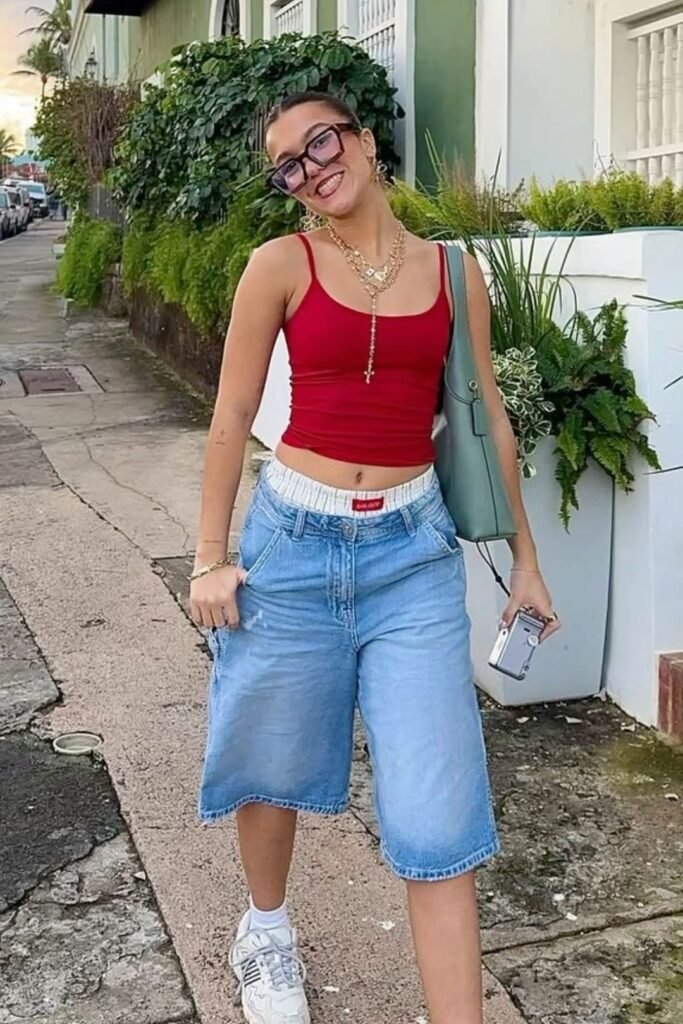 Red Spaghetti Strap Tank Top + Light Blue Denim Long Shorts + White Chunky Sneakers