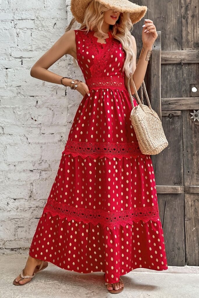 Red Tiered Maxi Dress with Gold Polka Dots + Straw Sun Hat + Woven Straw Tote + Tan Flat Sandals