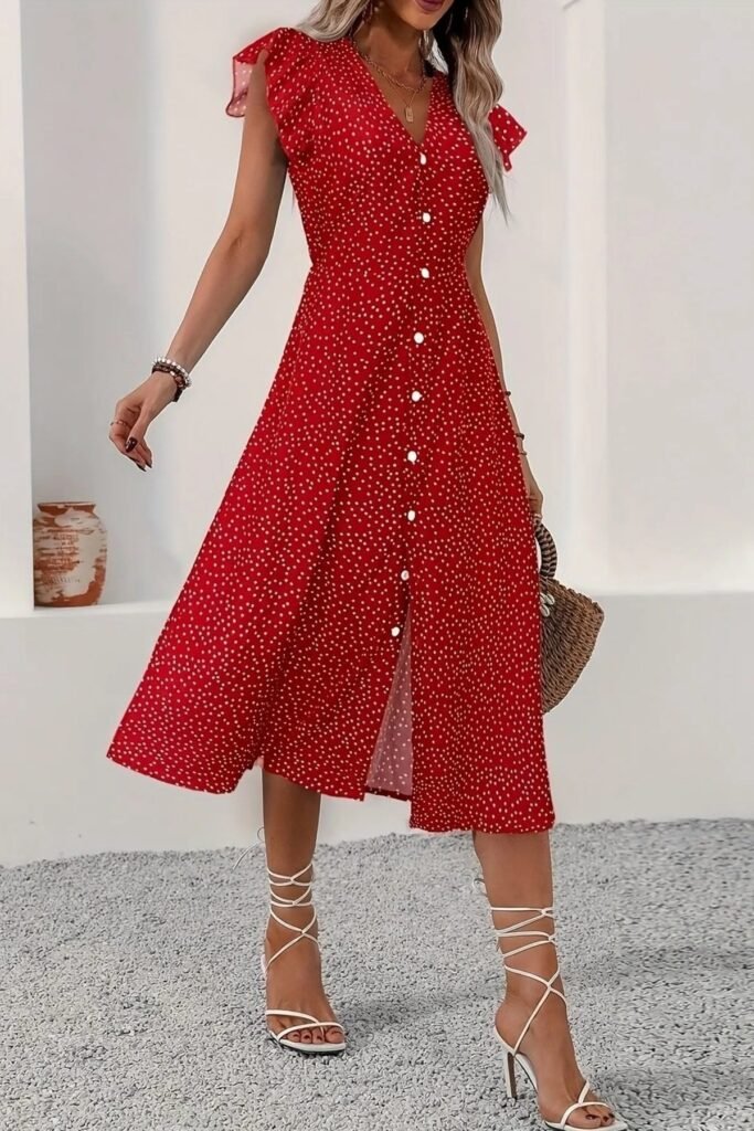 Red Tiny Polka Dot Button Down Dress + White Lace Up Heels + Woven Straw Bag