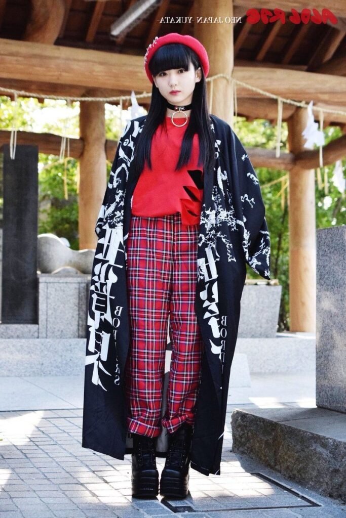 Red Top + Black Graphic Long Kimono Coat + Red Plaid Trousers + Black Platform Boots