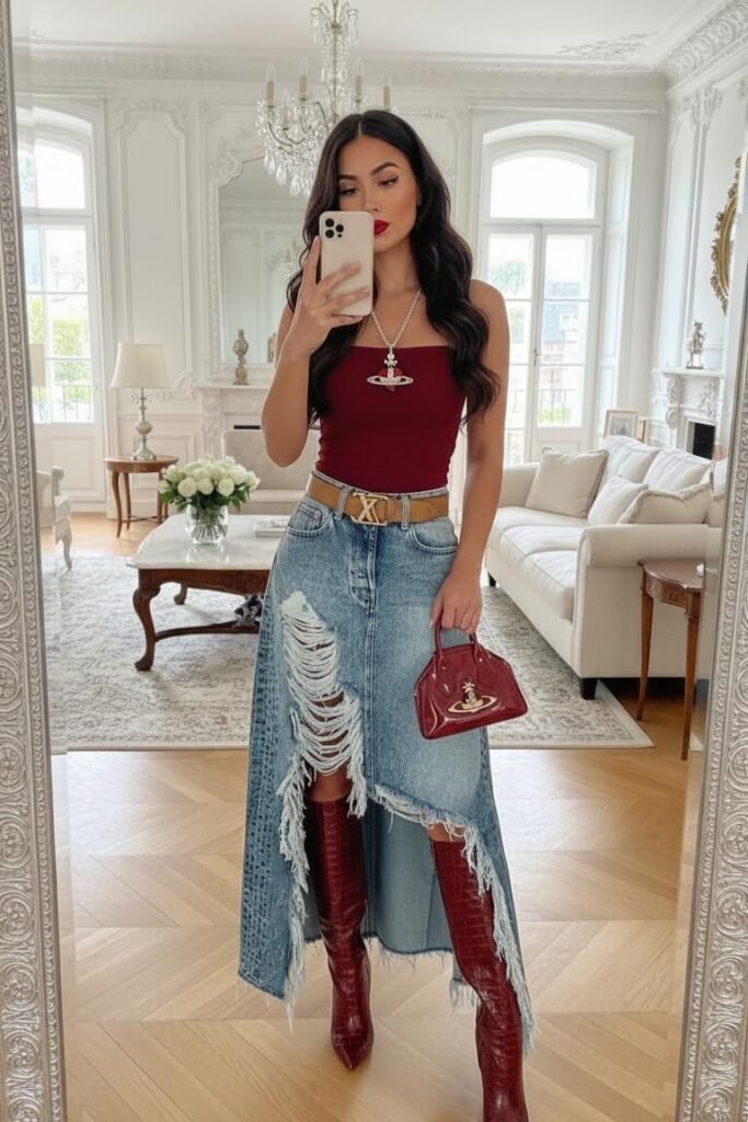 Red Tube Top + Distressed High Low Denim Skirt + Red Knee High Boots