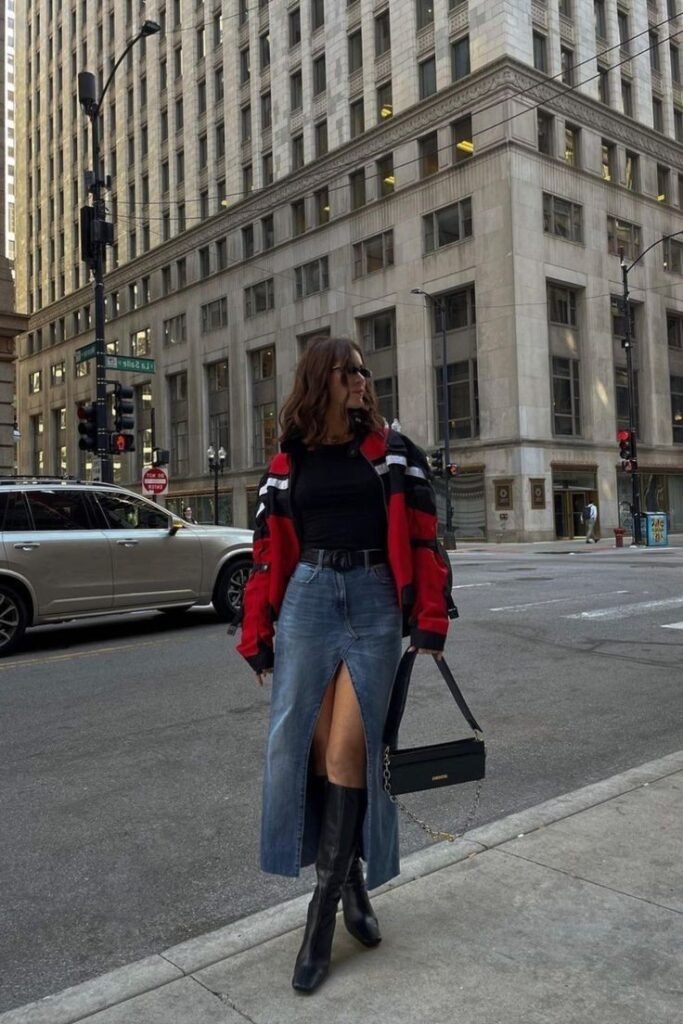 Red and Black Moto Jacket + Black Fitted Top + Denim Maxi Skirt with Front Slit + High Black Leather Boots