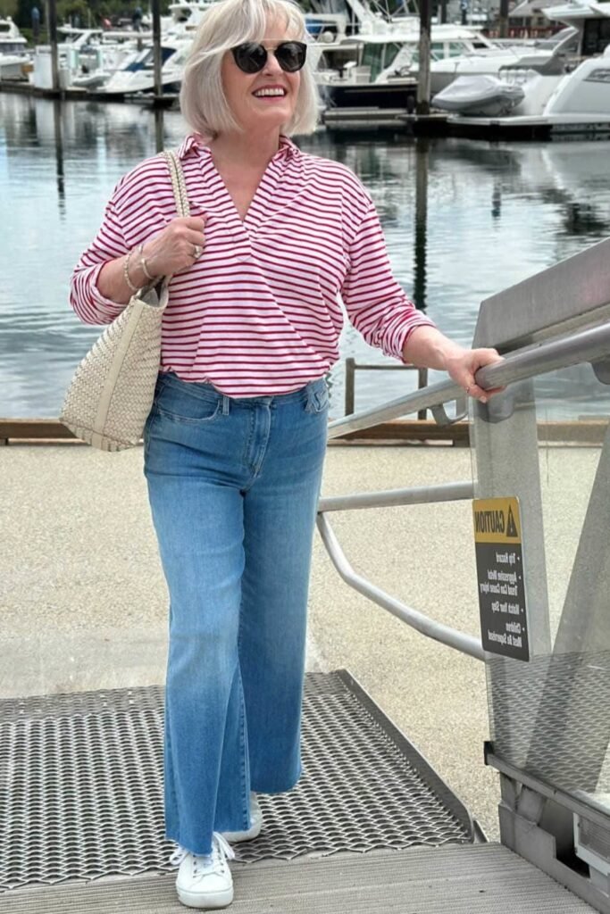 Red and White Striped V Neck Top + Wide Leg Blue Jeans + White Sneakers