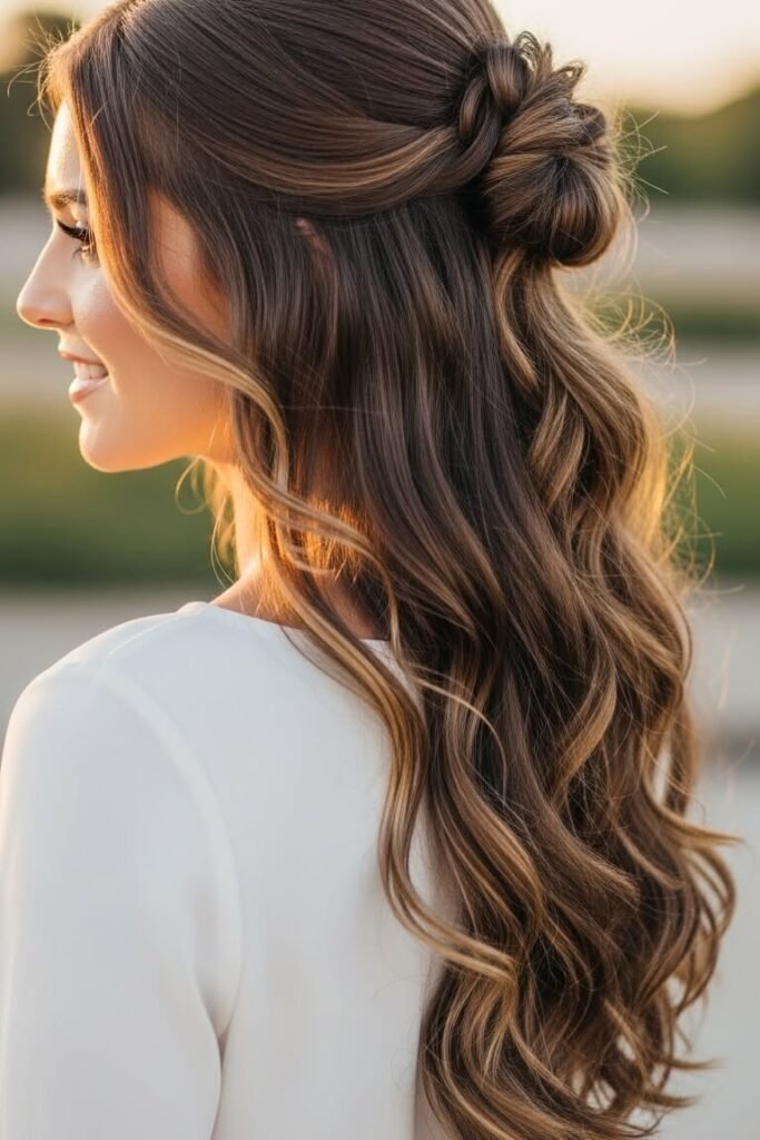Relaxed Half-Up Top Knot with Loose Sun-Kissed Waves