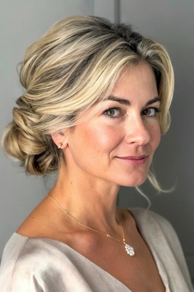 Relaxed Low Chignon with Soft Blonde Highlights