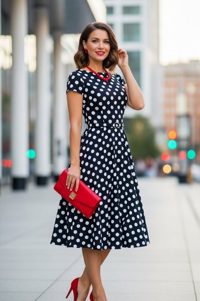 Retro Polka Dot Fit and Flare Dress + Red Clutch + Red Heels