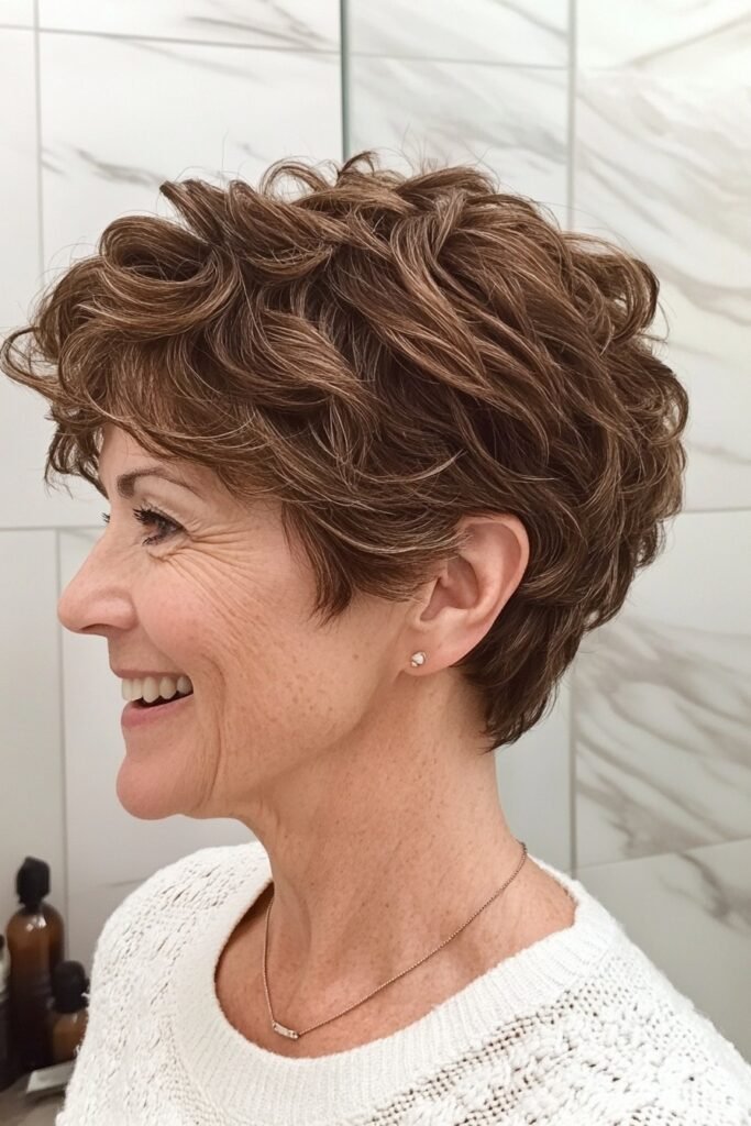 Rich Brunette Pixie with Tight Textured Curls
