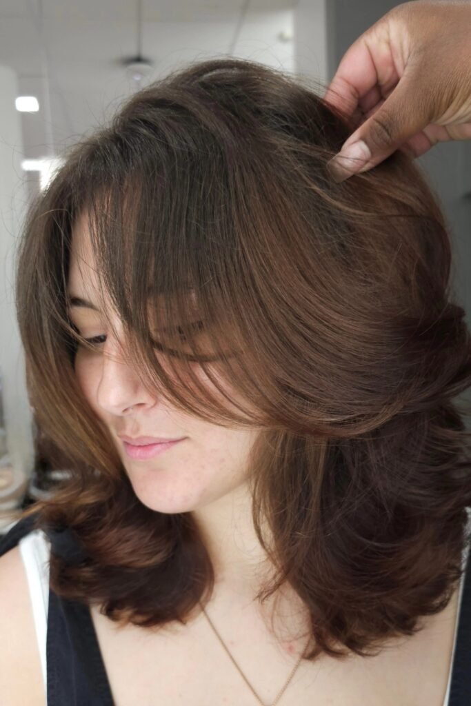 53. Rich Espresso Brown Textured Shag with Curtain Bangs