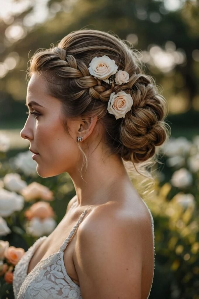 Romantic Side-Braided Low Bun Adorned with Fresh Roses
