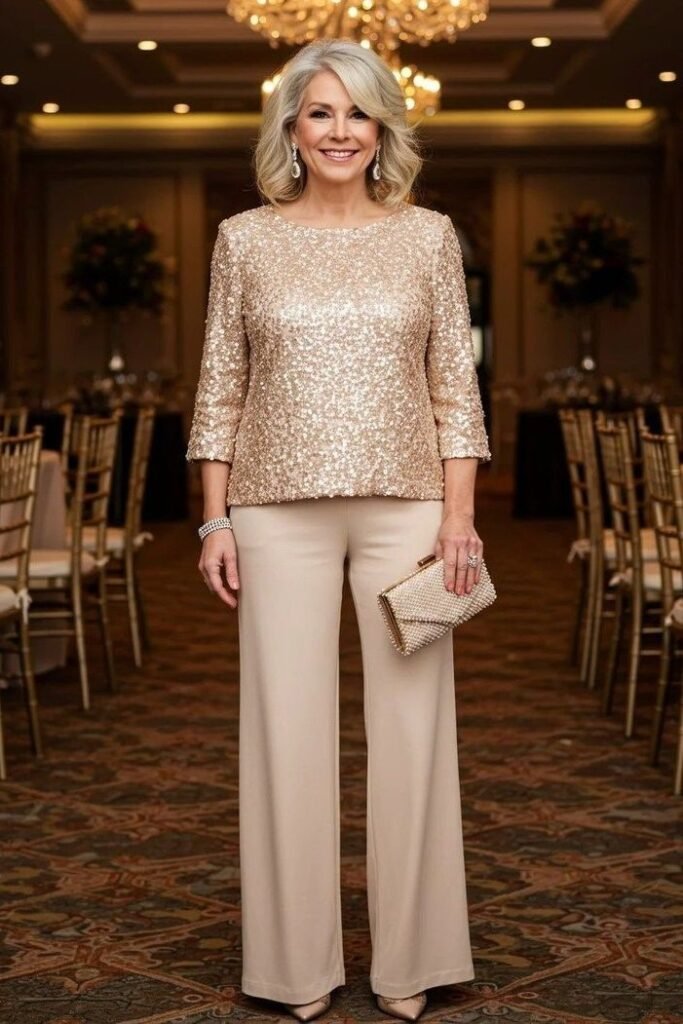 Rose Gold Sequined Three-Quarter Sleeve Top + Beige Wide-Leg Trousers + Gold Pointed-Toe Flats