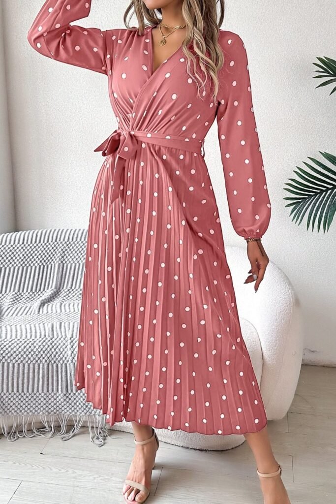 Rose Pink Polka Dot Pleated Dress + Beige Heeled Sandals + Gold Necklace
