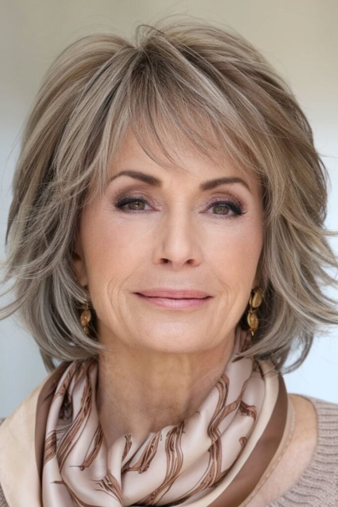 Rounded Layered Bob with Wispy Straight-Across Bangs