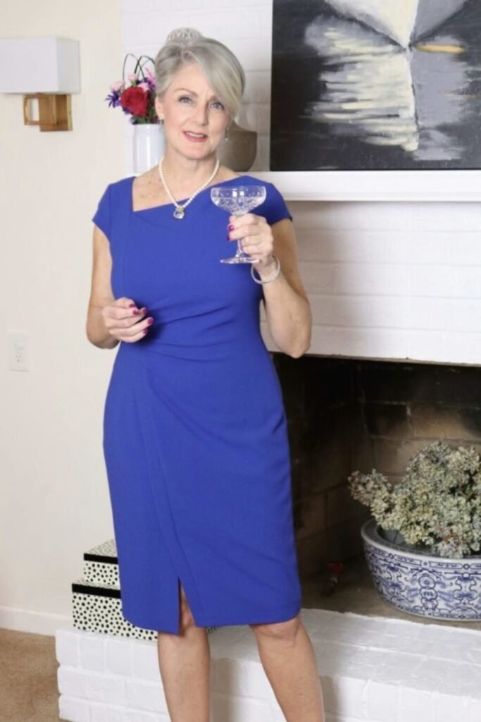 Royal Blue Asymmetrical Neckline Sheath Dress + Pearl Pendant Necklace + Silver Bangle