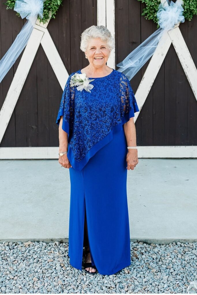 Royal Blue Floor-Length Gown with Asymmetrical Sequin Overlay + Black Open-Toe Heels