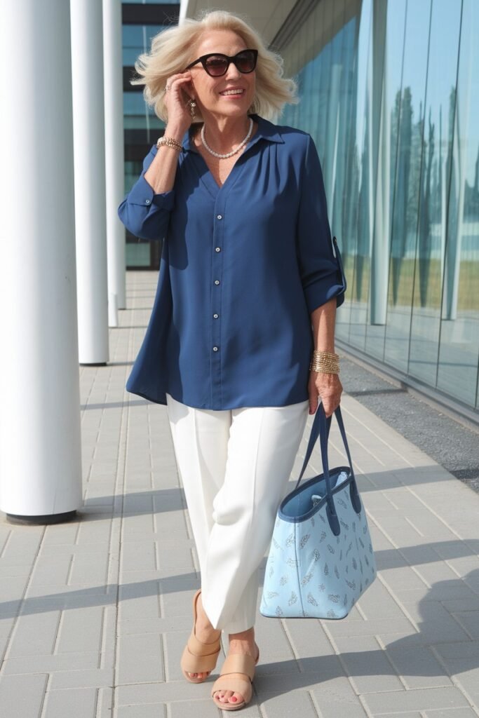 Royal Blue V-Neck Tunic + White Tailored Trousers + Nude Peep-Toe Mules + Light Blue Patterned Tote
