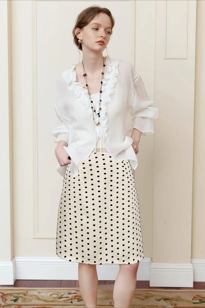 Ruffled White Blouse + Polka Dot Knee-Length Skirt + Beaded Necklace