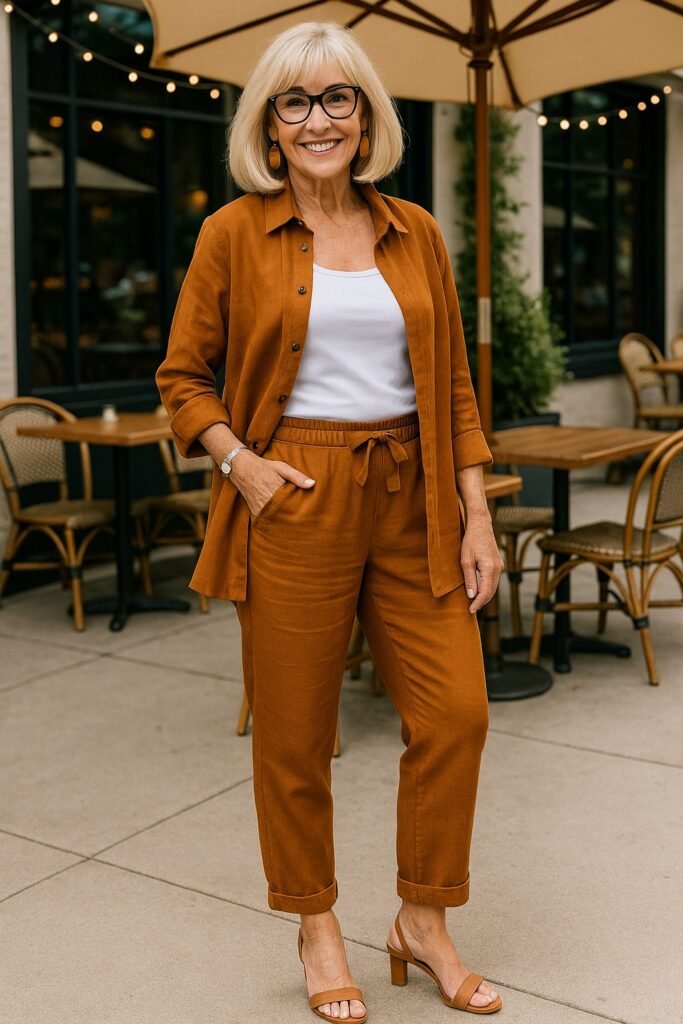 Rust Linen Shirt + Matching Rust Trousers + Tan Block Heel Sandals