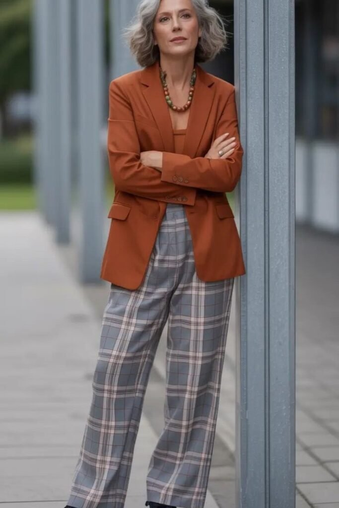 Rust Tailored Blazer + Plaid Wide Leg Trousers + Beaded Statement Necklace