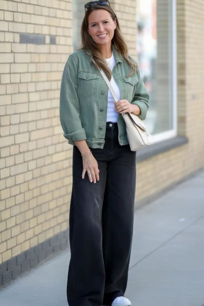 Sage Green Denim Jacket + White T-Shirt + Black Wide-Leg Jeans + White Sneakers