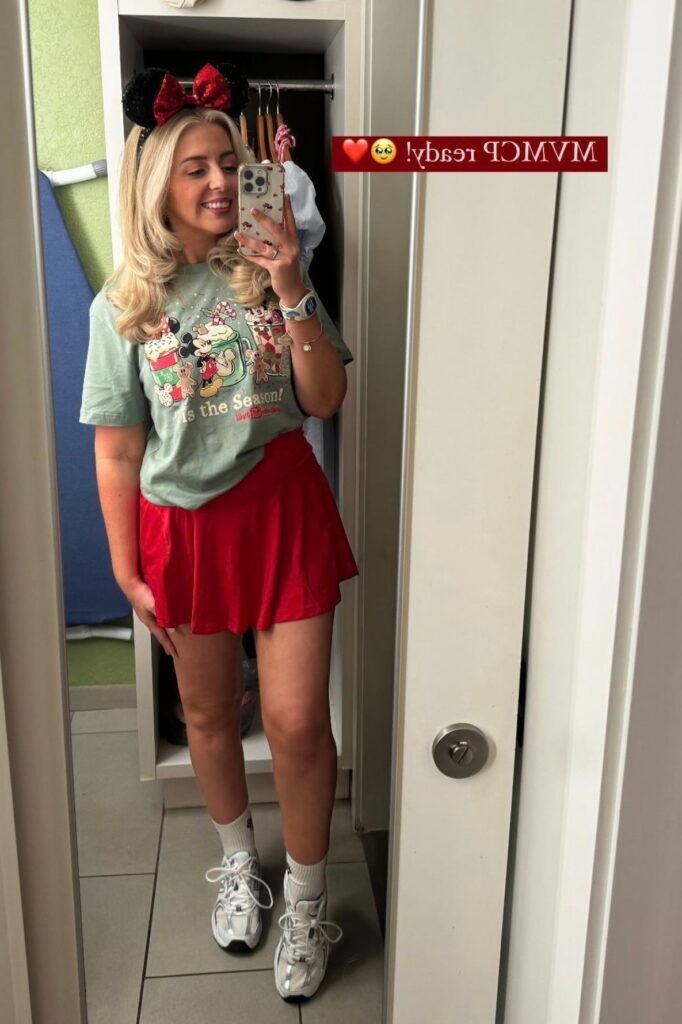 Sage Green Holiday Graphic Tee + Red Mini Skirt + White Athletic Sneakers with High Socks