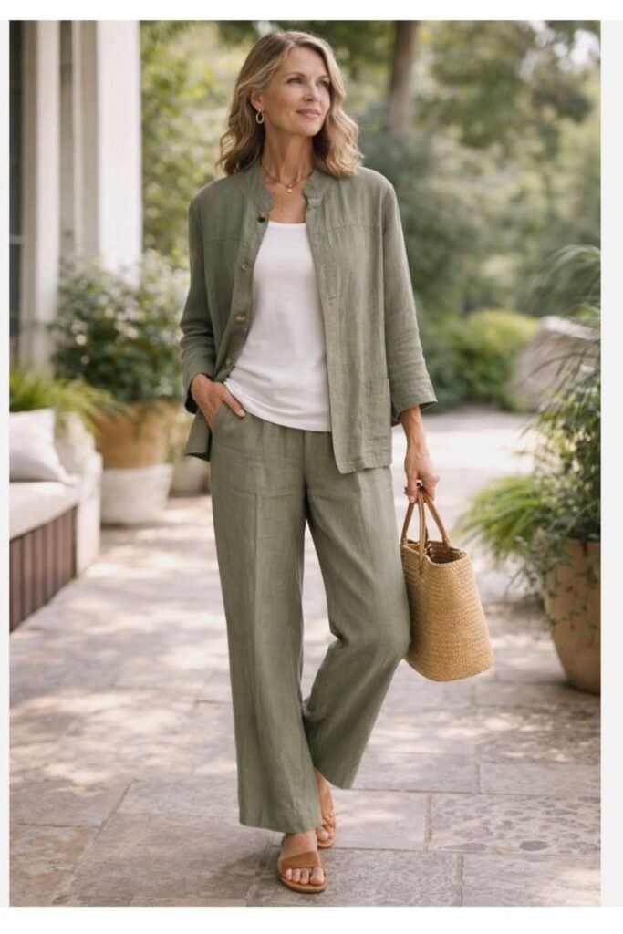 Sage Green Linen Button Up Shirt + White Tank Top + Matching Sage Green Linen Trousers