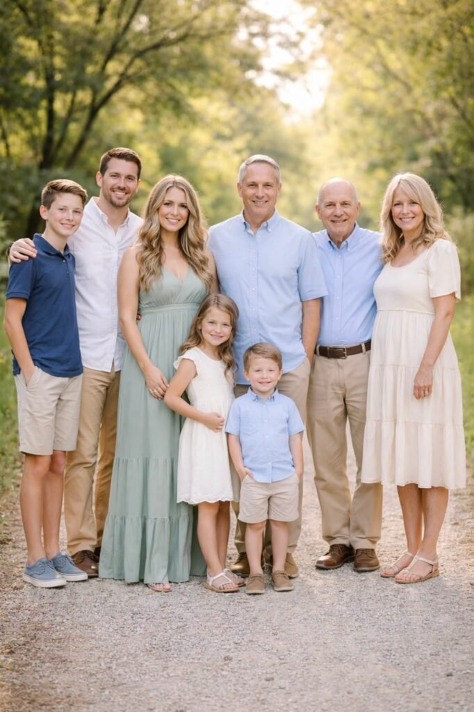 Sage Green Maxi Dress + White Shirt and Khaki Shorts + White Sleeveless Dress + Light Blue Shirt and Khaki Shorts + White Maxi Dress