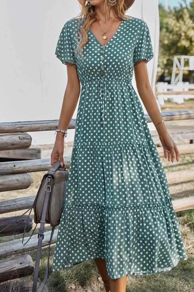 Sage Green Polka Dot Tiered Maxi Dress + Flutter Sleeves + Brown Leather Satchel
