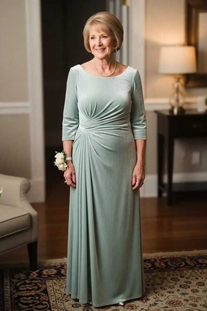 Sage Green Velvet Ruched Gown + Silver Pointed Heels + Pearl Necklace