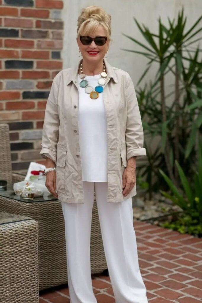 Sand Colored Lightweight Utility Jacket + White Crewneck Top + White Wide Leg Trousers