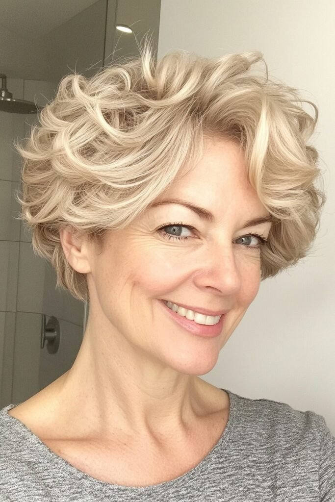 Sandy Blonde Voluminous Curls with Side-Swept Bangs