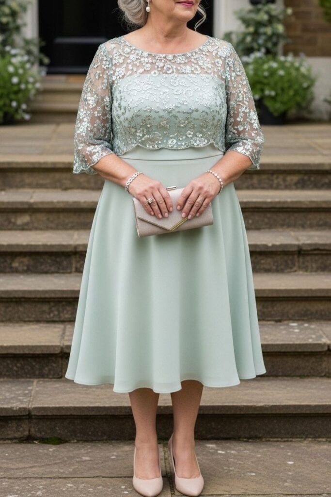 Seafoam Green Scalloped Lace Bodice Dress with A-Line Skirt + Nude Pointed-Toe Pumps