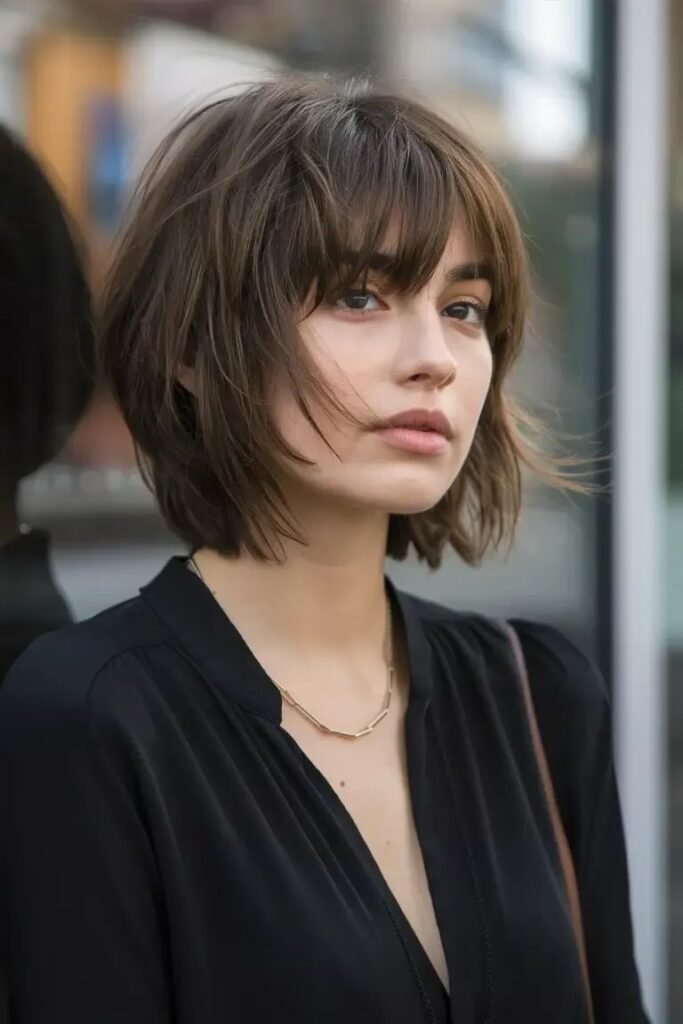 Shaggy Brunette Bob with Messy Eye-Grazing Bangs