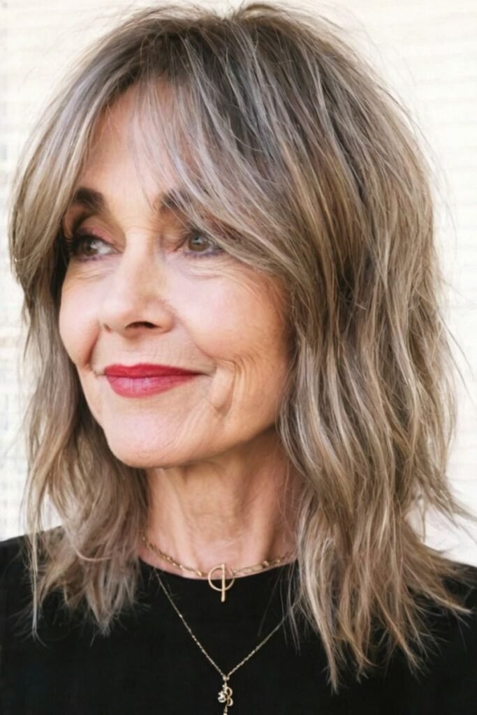 Shaggy Shoulder-Length Cut with Wispy Curtain Bangs