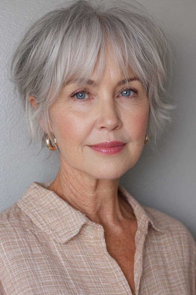 Shaggy Silver Bob with Wispy Curtain Bangs